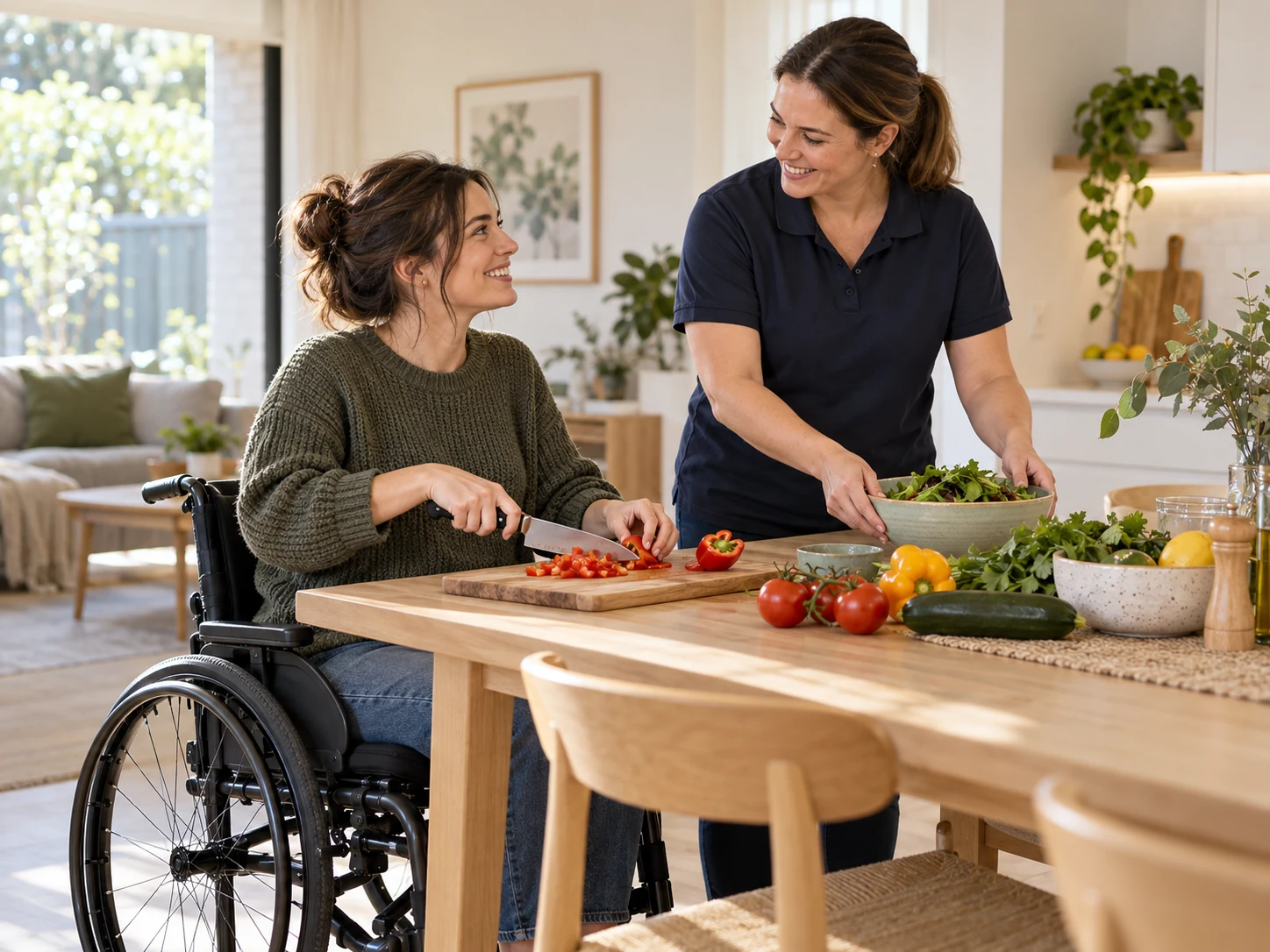 Illustration of a younger adult wheelchair user preparing a meal with a home support worker
